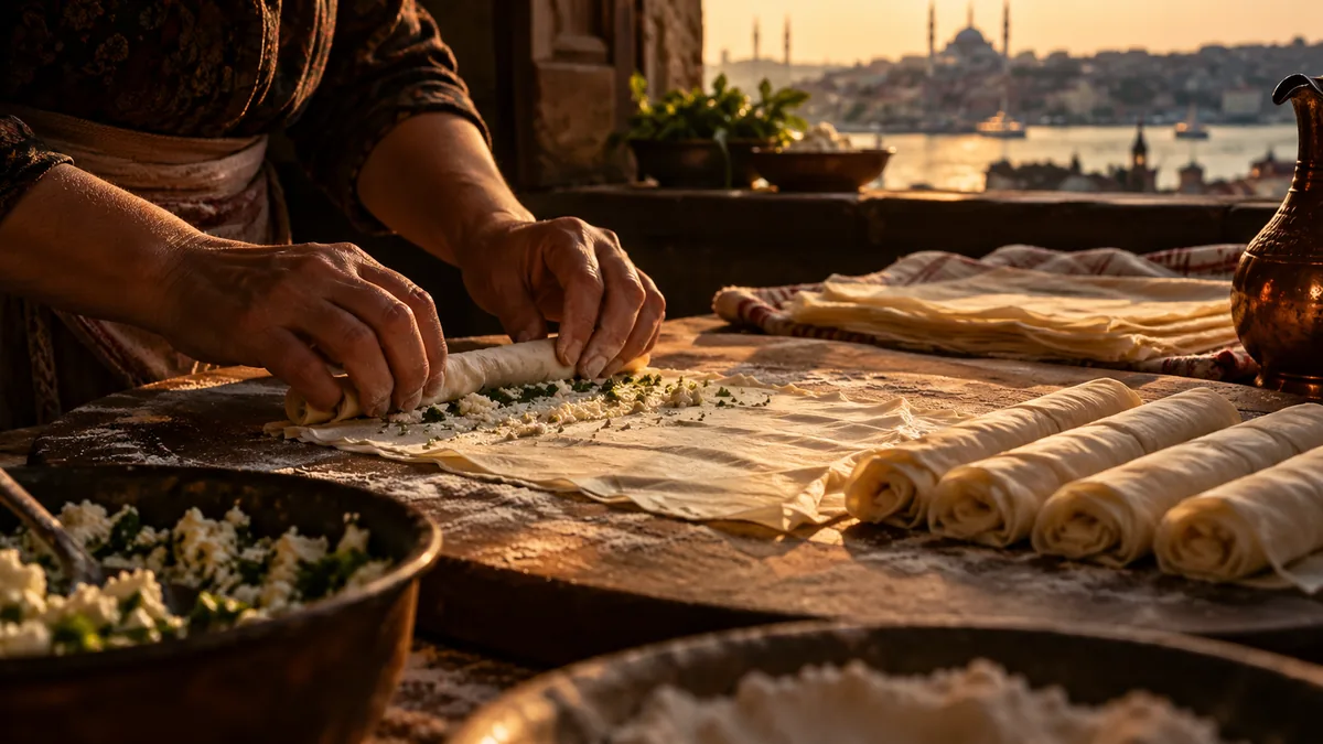 Des mains roulent de fines feuilles de yufka autour de fromage blanc pour former des feuilletés en forme de cigare