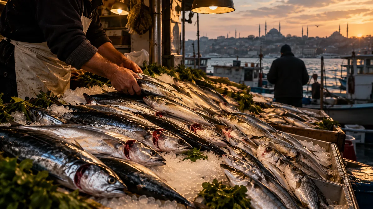 Fresh bonito and bluefish laid on ice at an Istanbul fish stall in early morning light