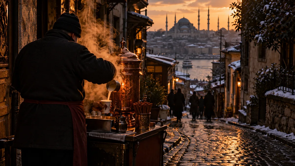 Un marchand ambulant verse du salep fumant depuis une urne en cuivre dans une ruelle pavée et froide à Istanbul