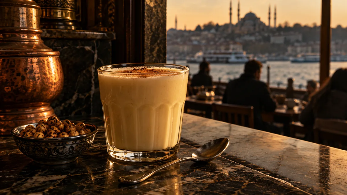 Üstüne tarçın serpilmiş koyu altın renkli bir bardak boza ve yanında küçük bir tabak leblebi